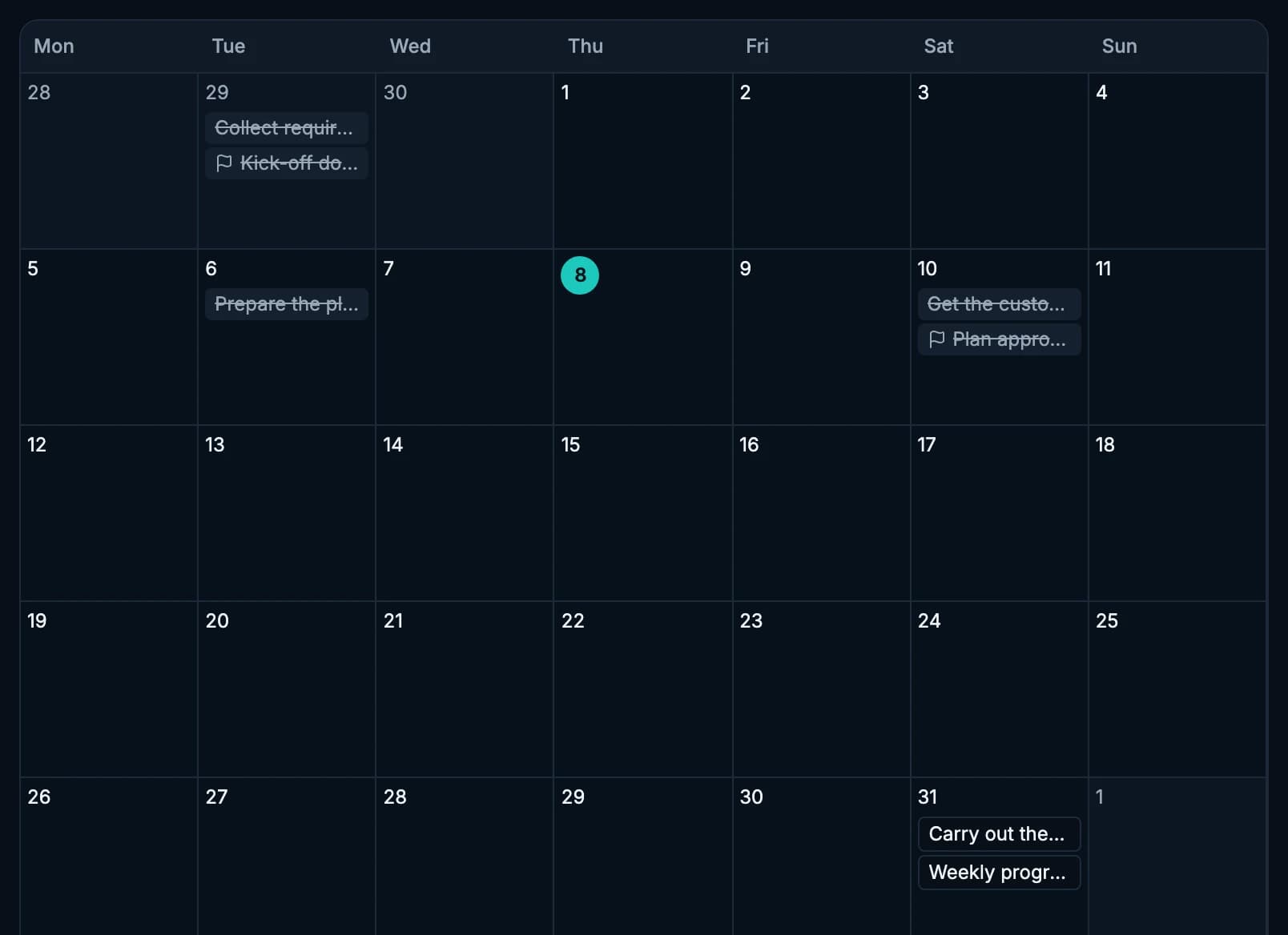The team calendar with task and milestone deadlines