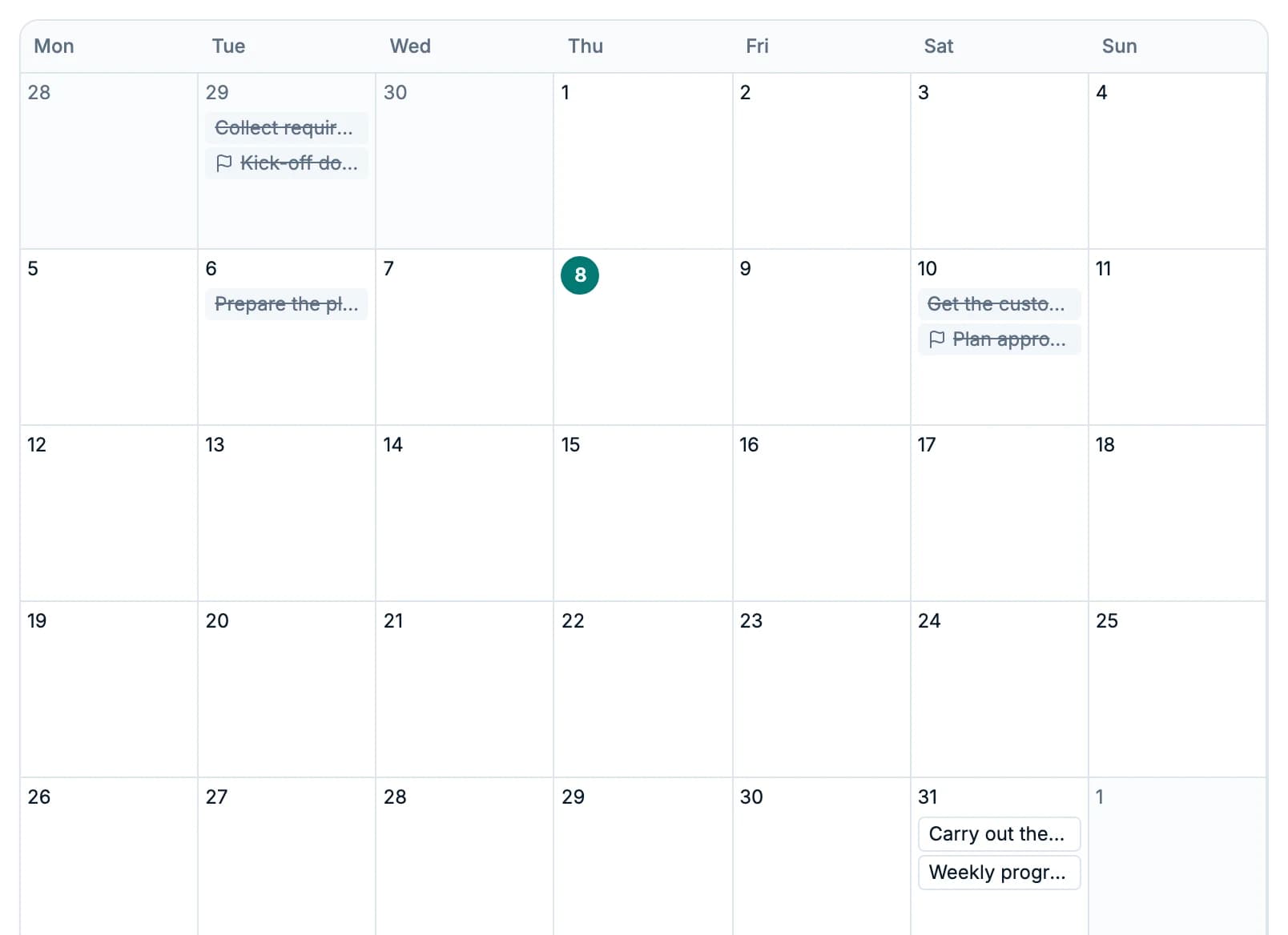 The team calendar with task and milestone deadlines