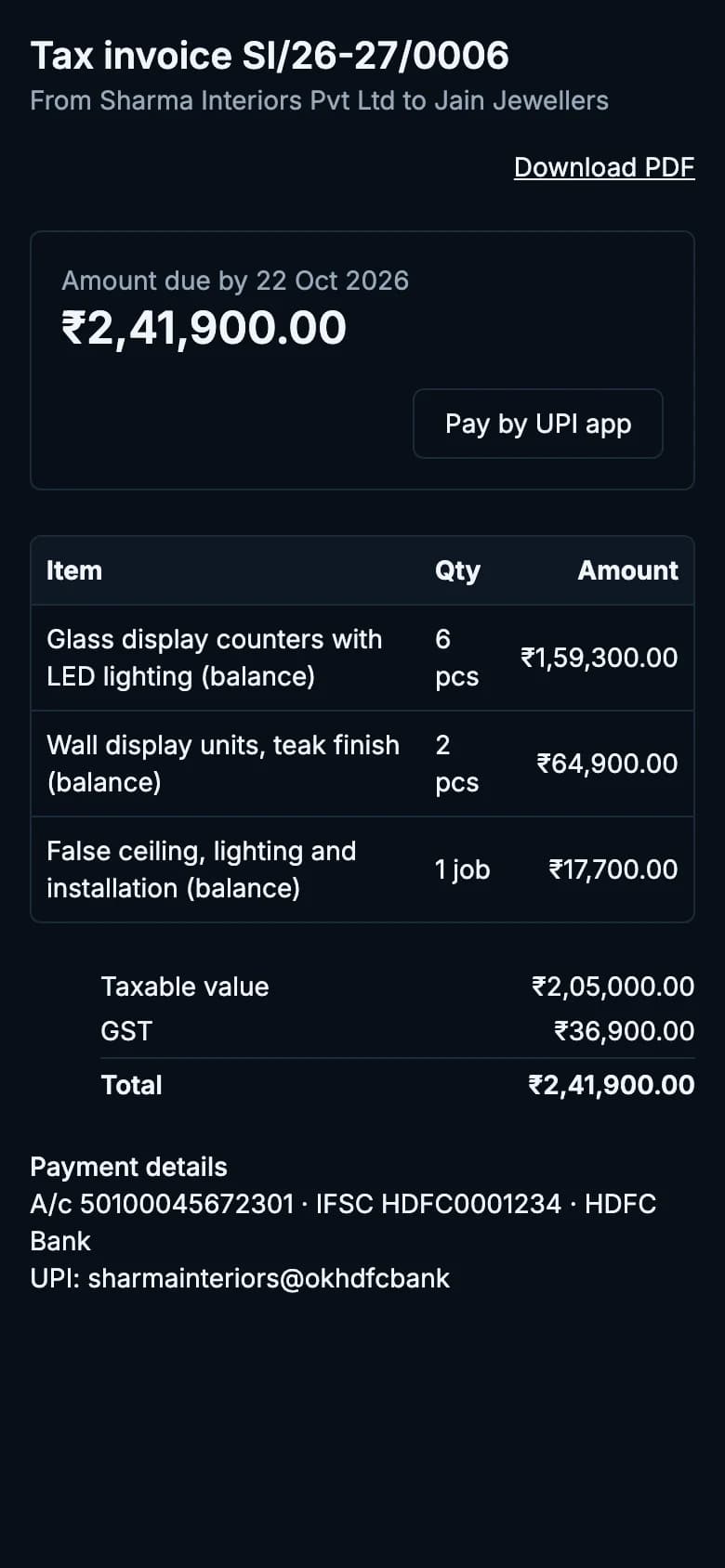 The invoice on the customer's phone with Pay by UPI app, bank details and the amount due