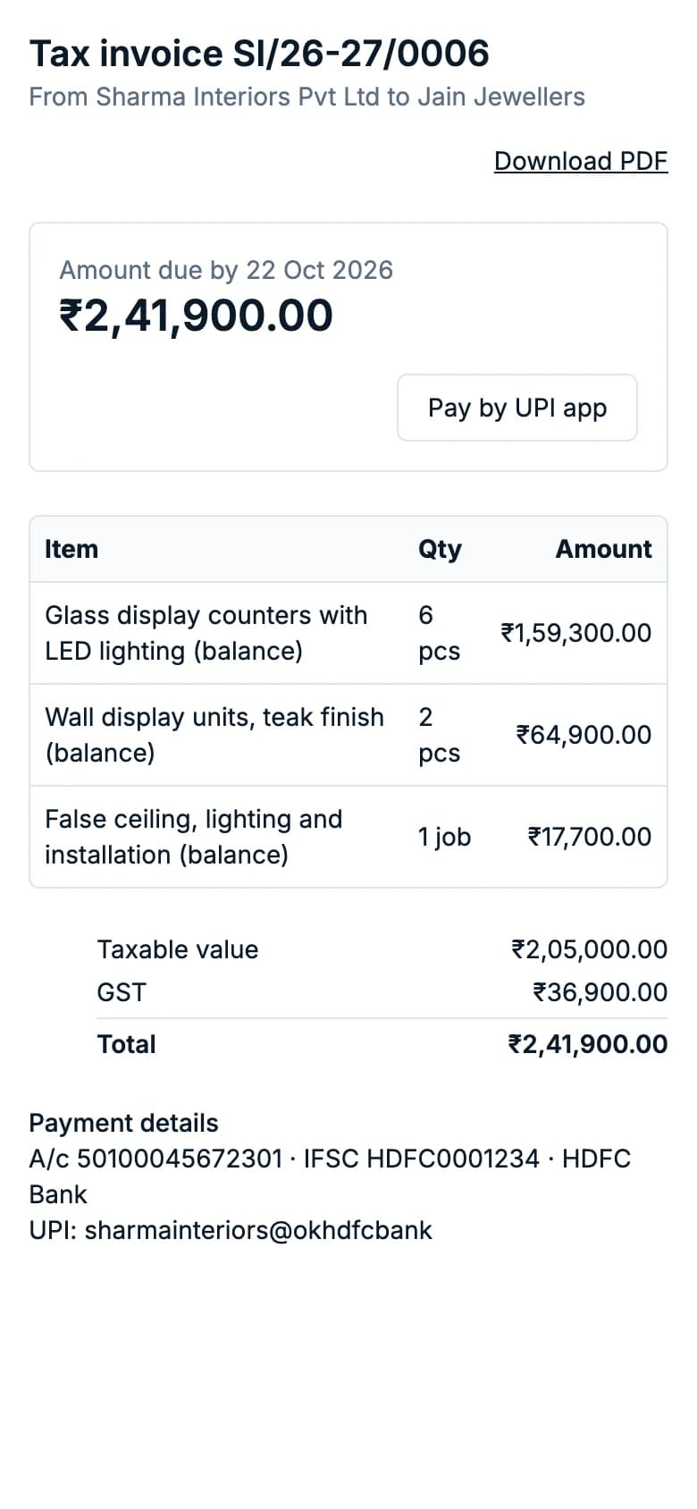 The invoice on the customer's phone with Pay by UPI app, bank details and the amount due