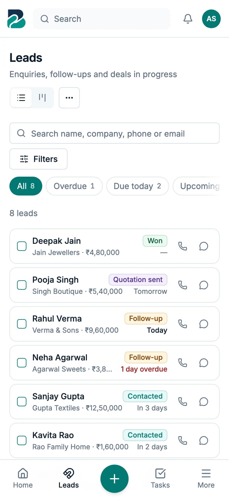 The leads list on a phone with call and WhatsApp buttons