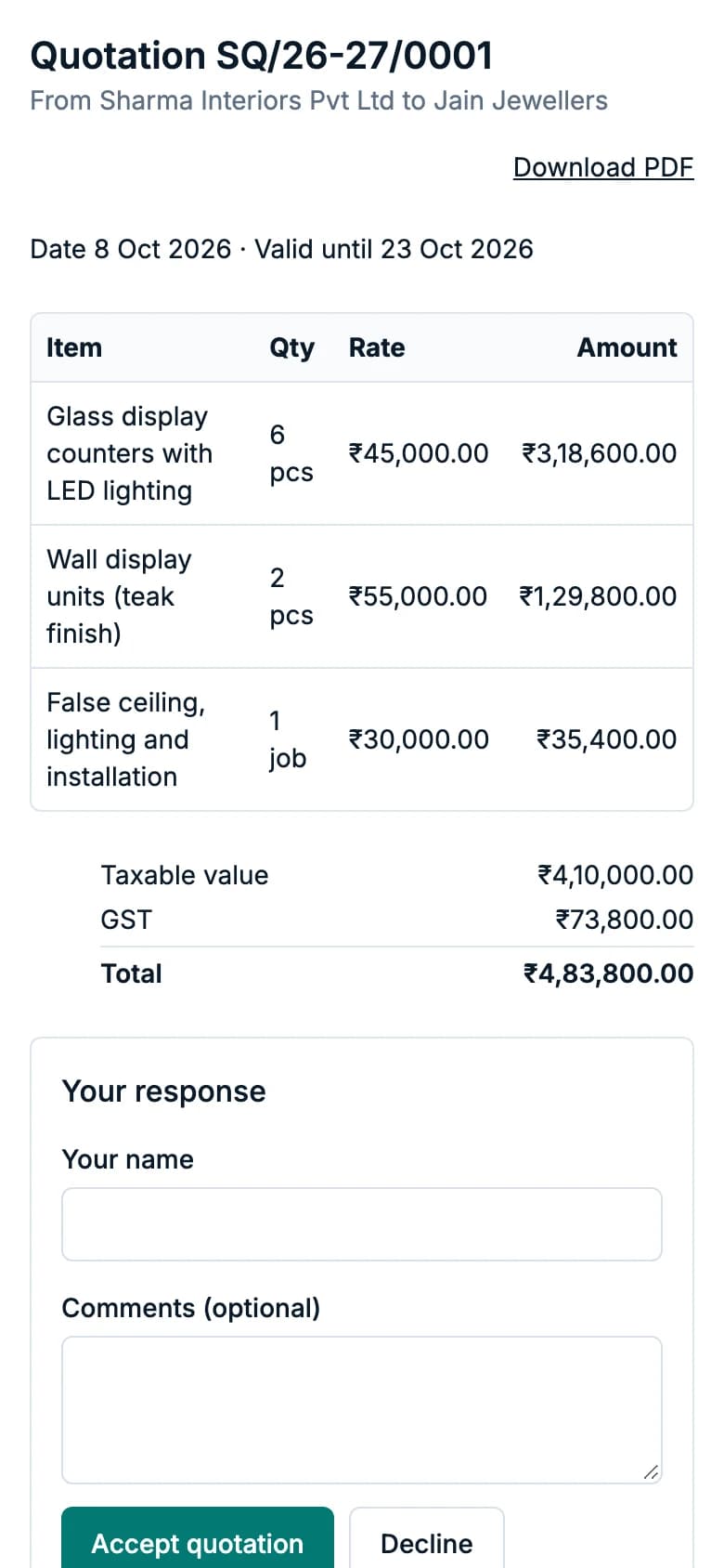 The quotation as the customer sees it on their phone, with Accept quotation and Decline buttons
