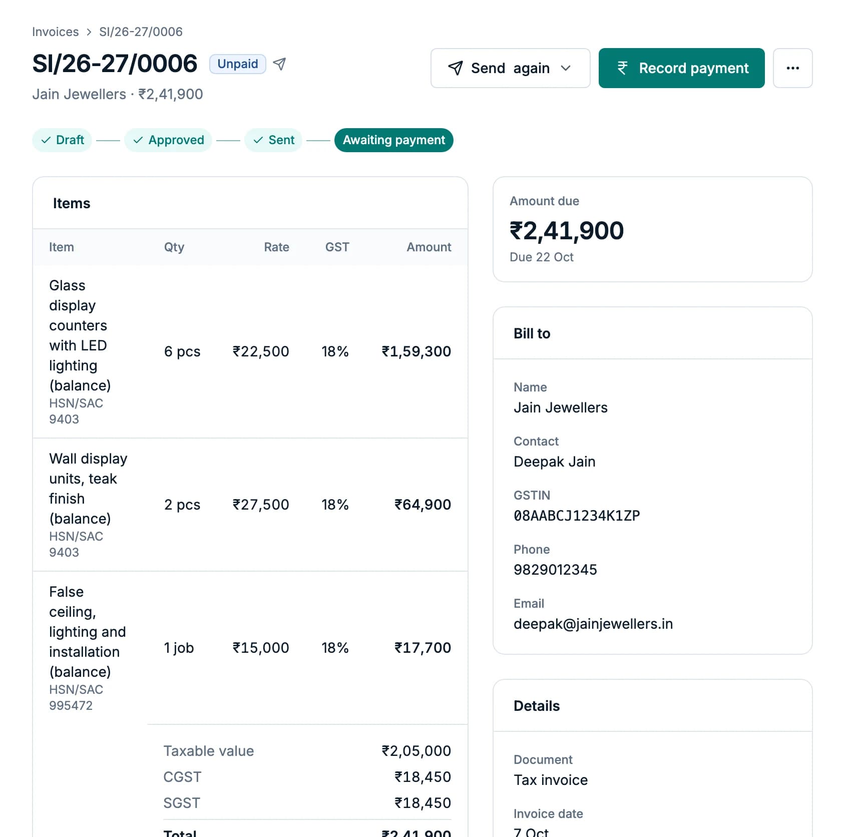 Tax invoice SI/26-27/0006 for ₹2,41,900, awaiting payment, with the CGST and SGST split