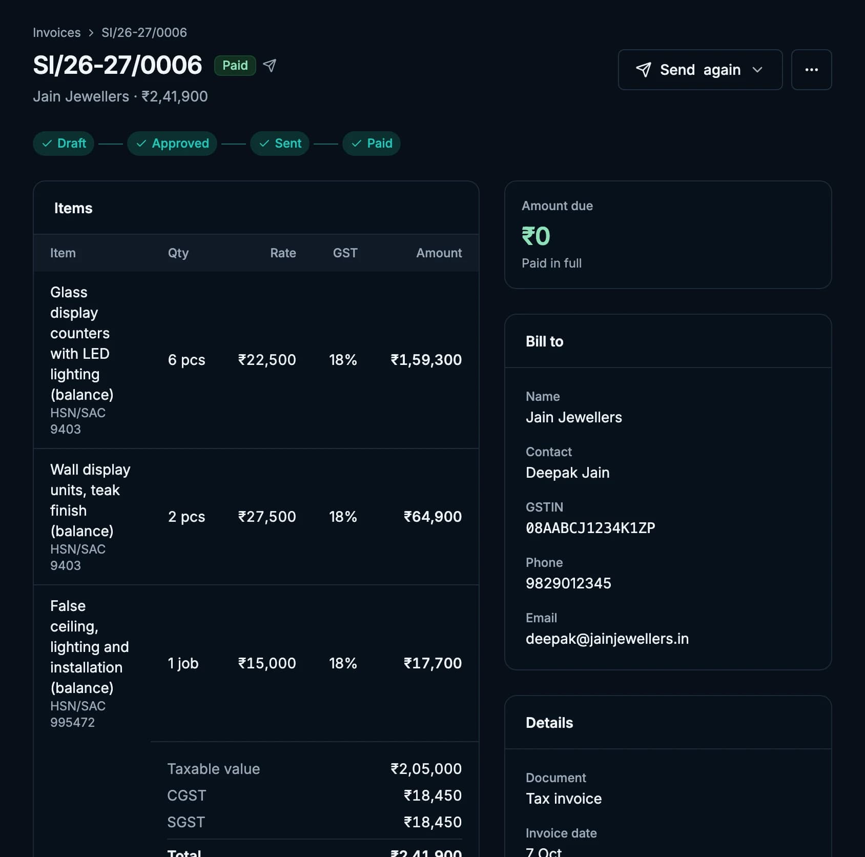 The same invoice paid in full by UPI, amount due ₹0