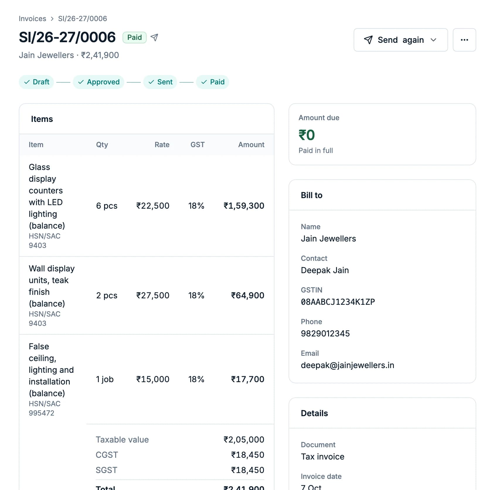 The same invoice paid in full by UPI, amount due ₹0
