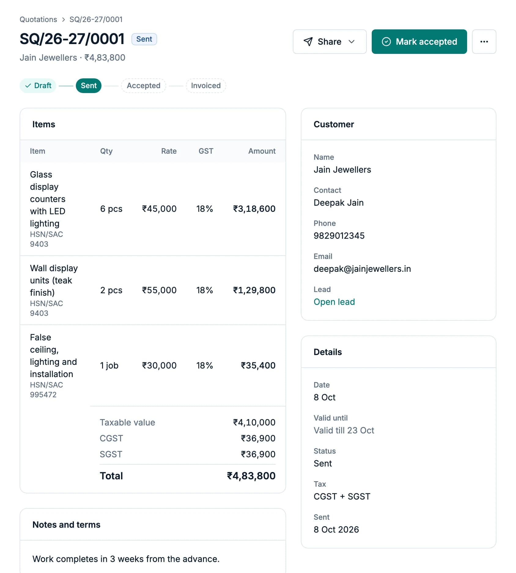 Quotation SQ/26-27/0001 to Jain Jewellers for ₹4,83,800 with CGST and SGST, marked sent