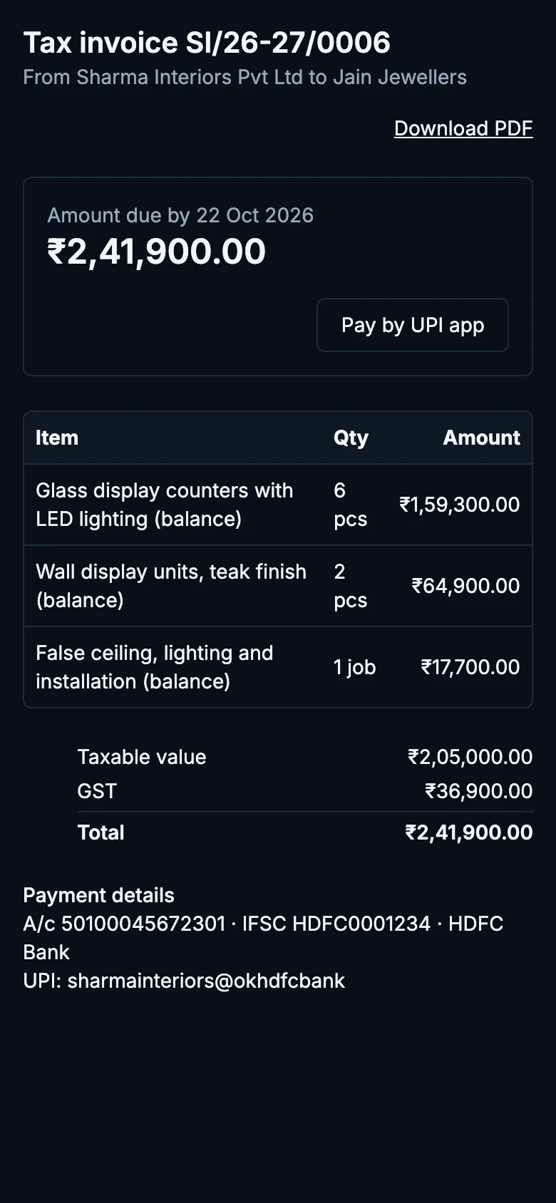 The invoice on the customer's phone with Pay by UPI app, bank details and the amount due