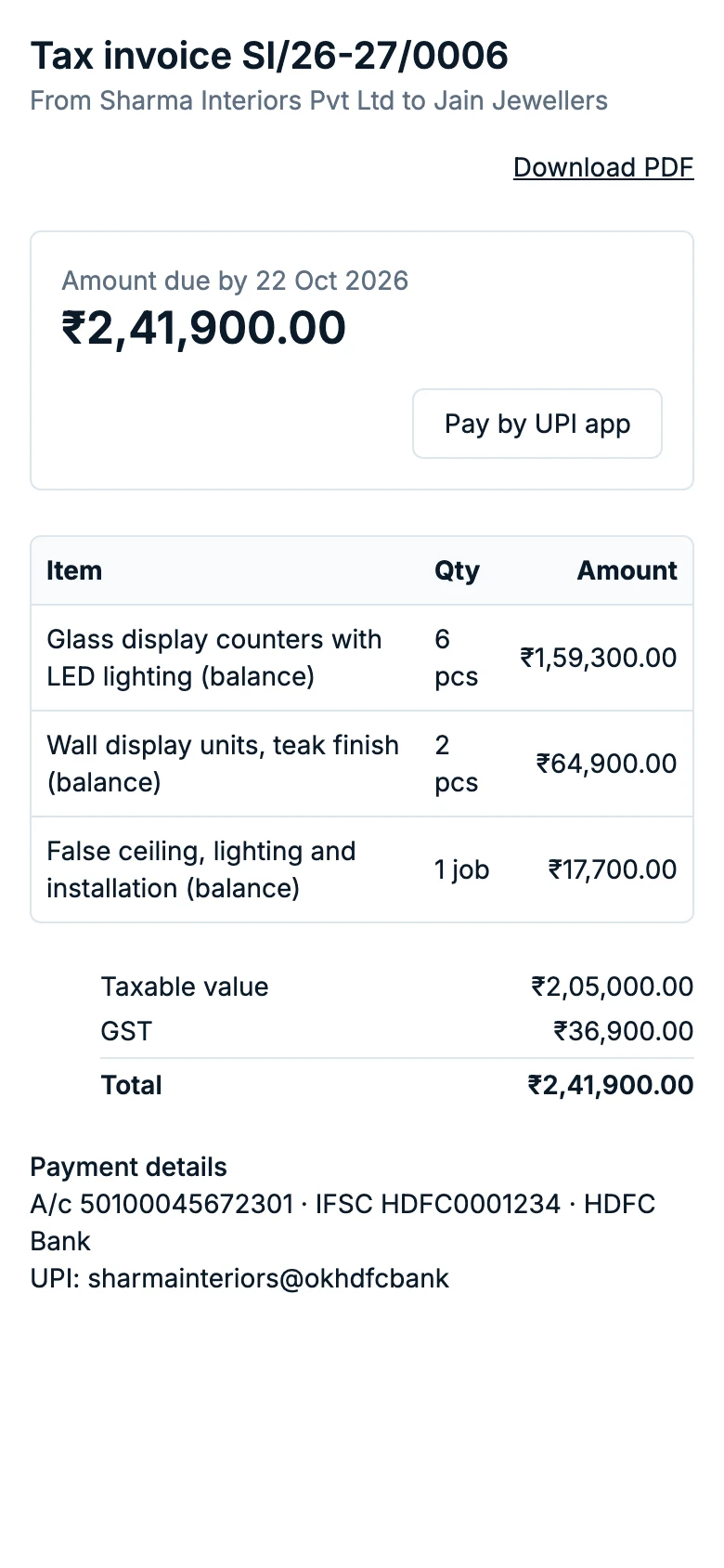The invoice on the customer's phone with Pay by UPI app, bank details and the amount due