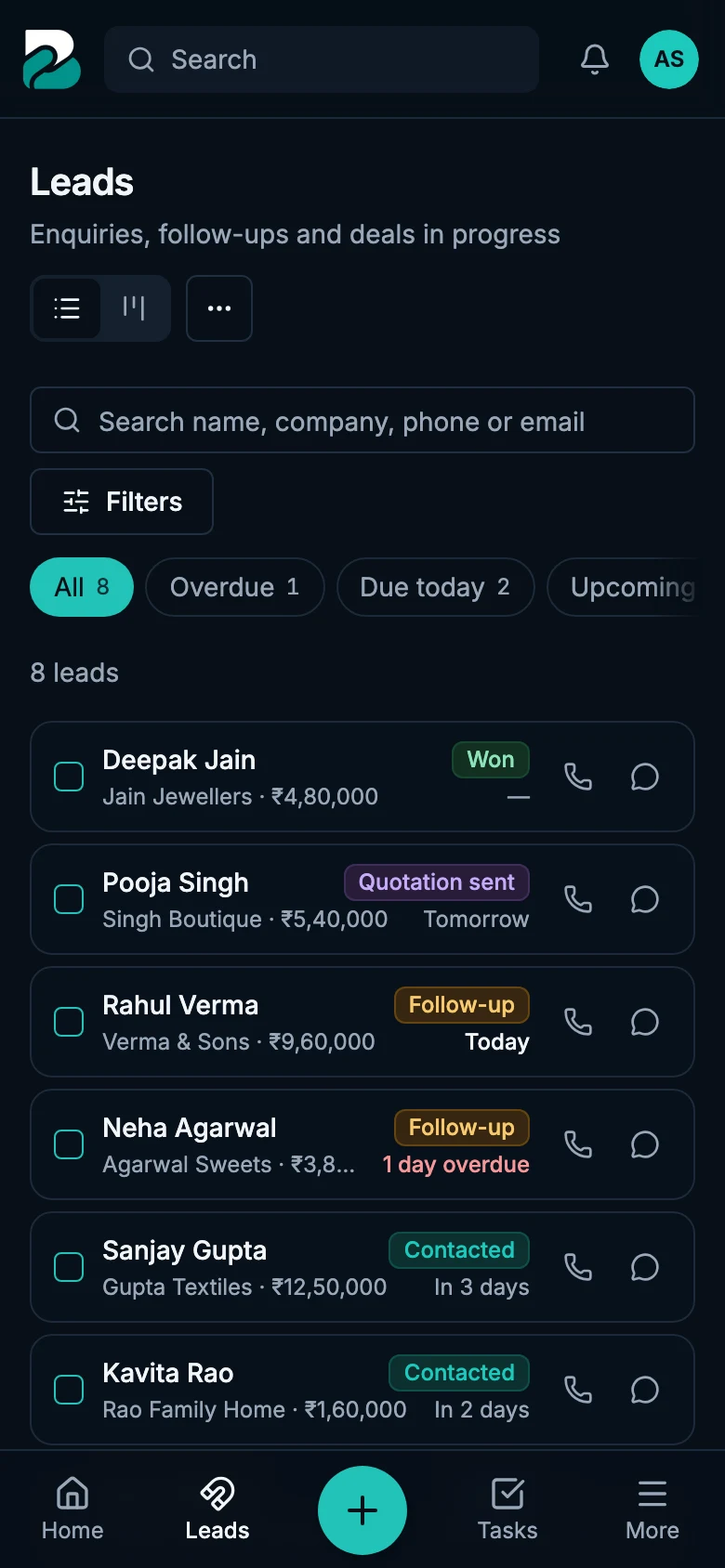 The leads list on a phone with call and WhatsApp buttons