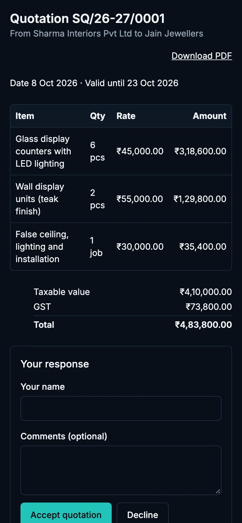 The quotation as the customer sees it on their phone, with Accept quotation and Decline buttons