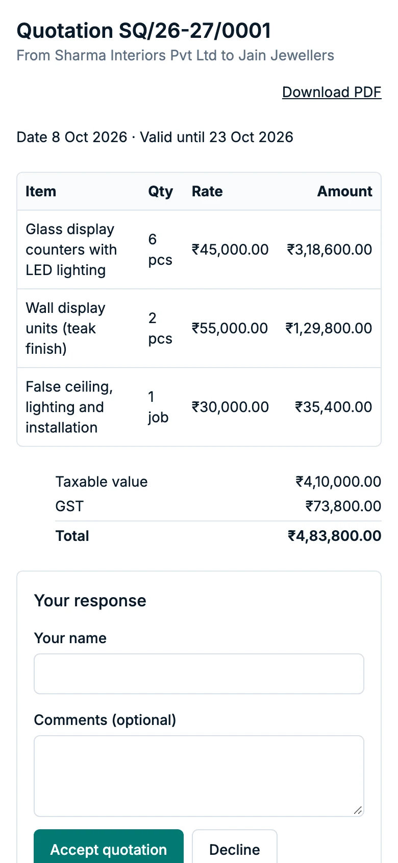 The quotation as the customer sees it on their phone, with Accept quotation and Decline buttons