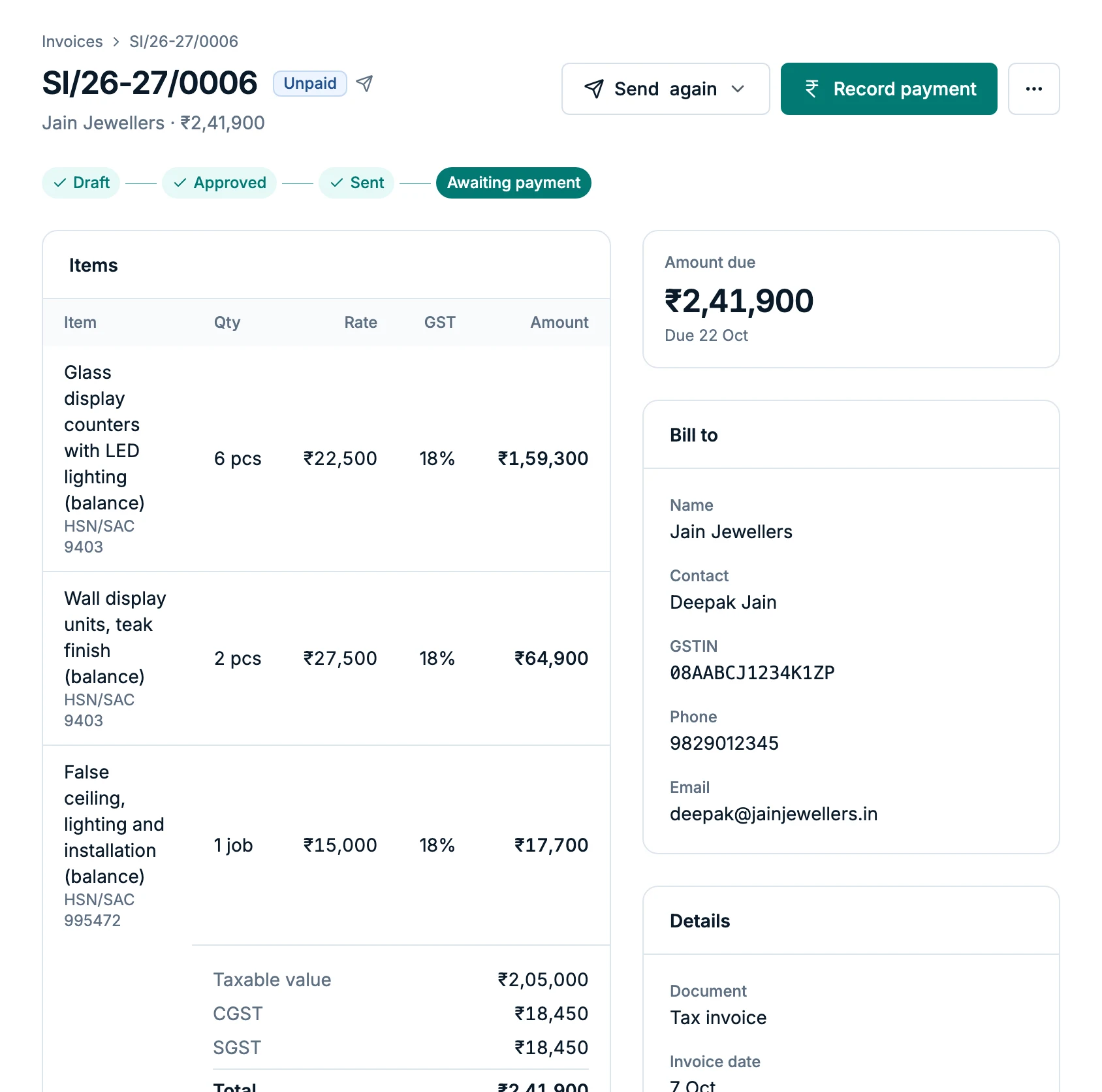 Tax invoice SI/26-27/0006 for ₹2,41,900, awaiting payment, with the CGST and SGST split
