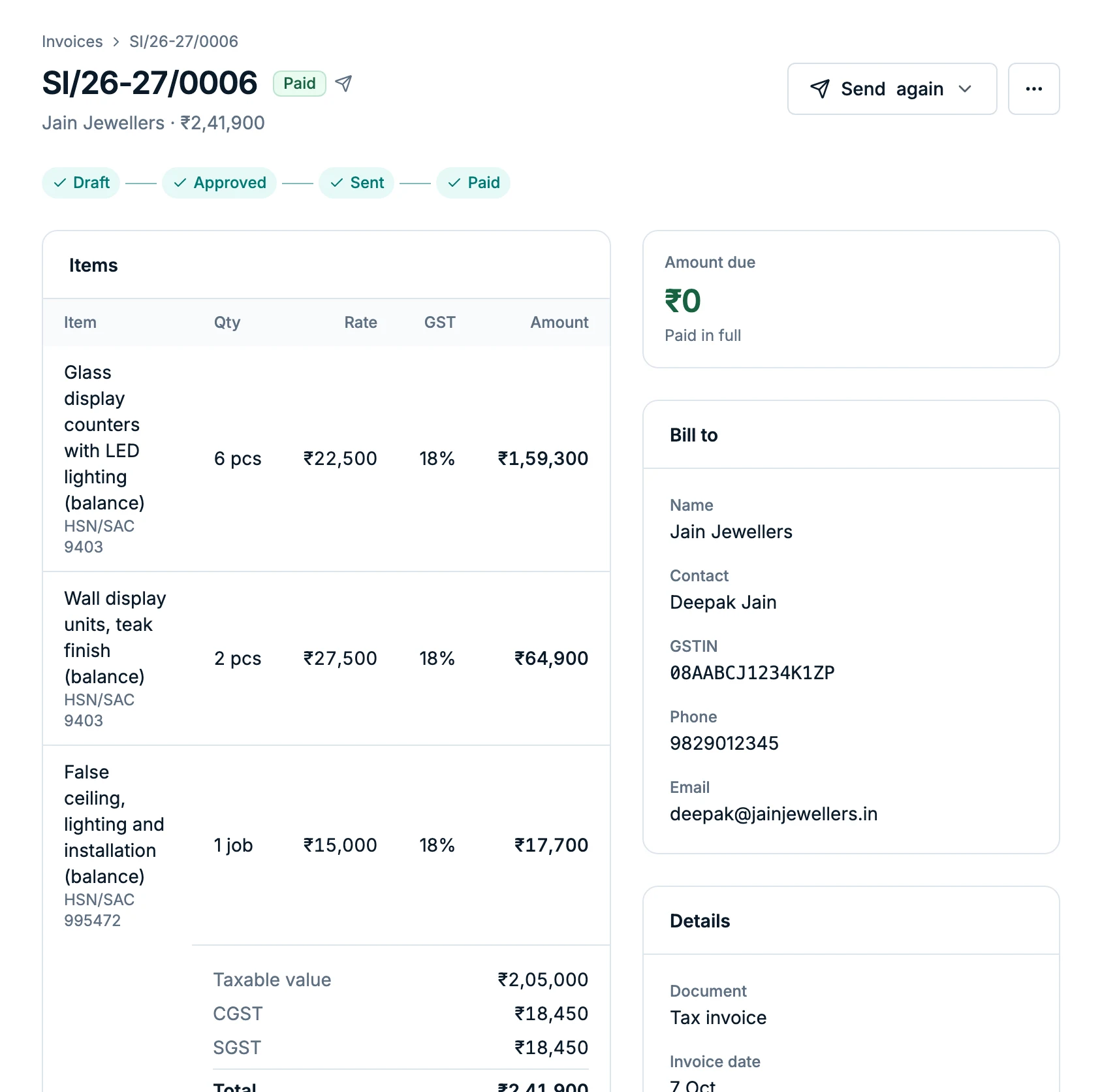 The same invoice paid in full by UPI, amount due ₹0