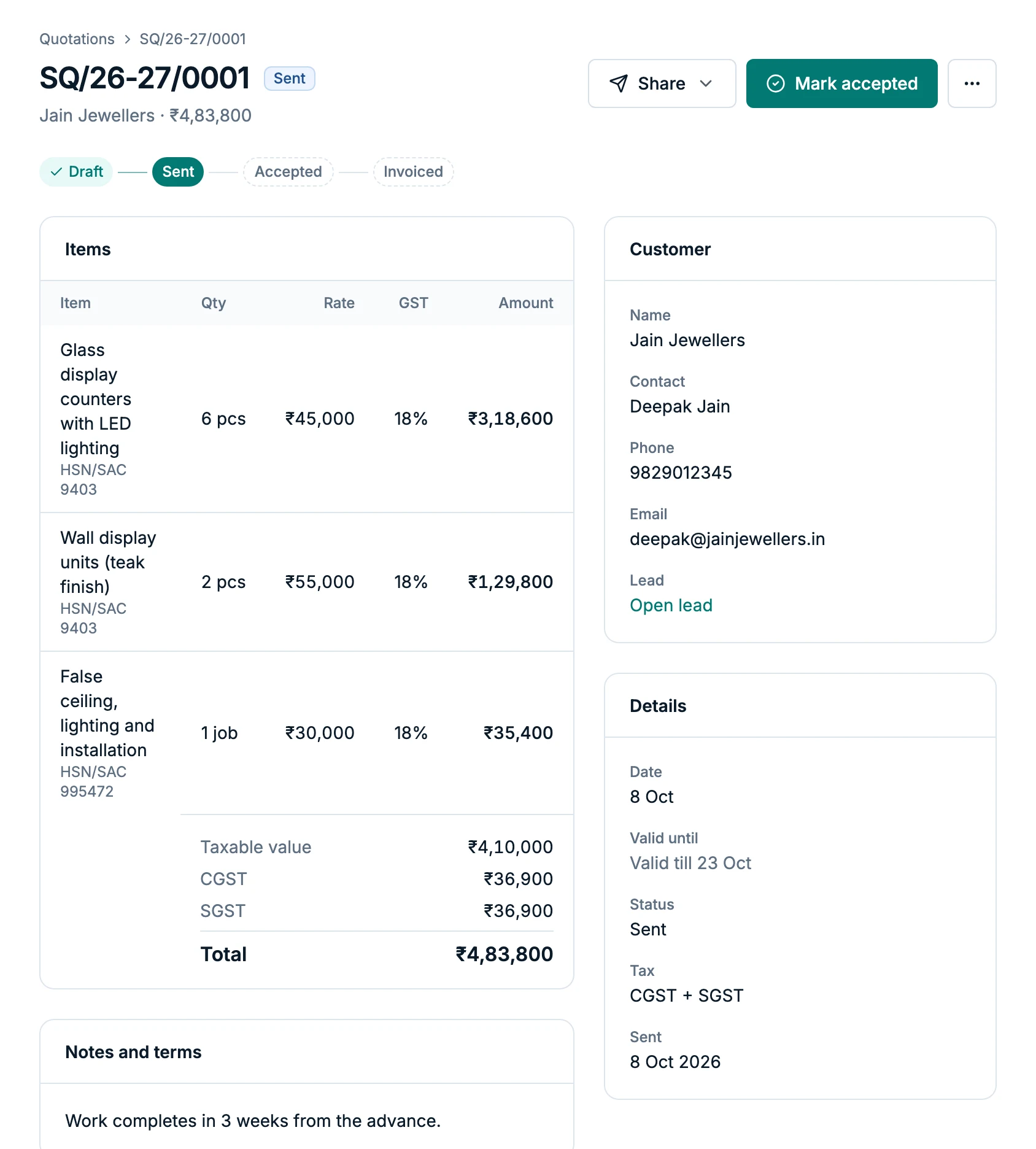Quotation SQ/26-27/0001 to Jain Jewellers for ₹4,83,800 with CGST and SGST, marked sent